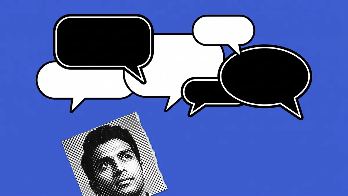 A cluster of comment bubbles crowds the top of a blue frame above one small torn portrait
