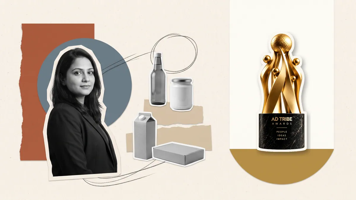 Paper collage of a marketing leader beside unbranded product packaging and the Ad Tribe Awards trophy on a gold stage