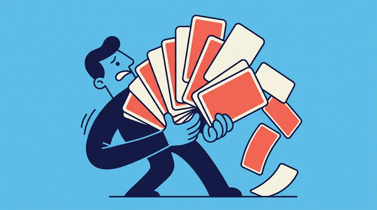 A stressed character holding an overflowing oversized hand of playing cards