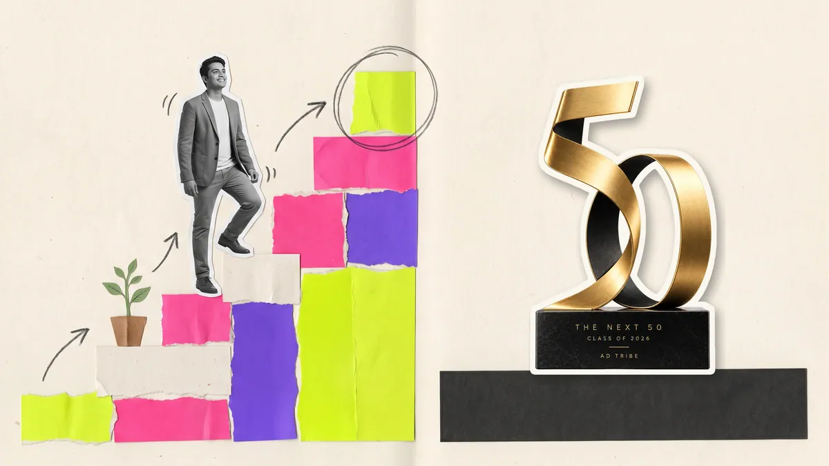 The Next 50 trophy in a paper collage beside a young professional climbing a staircase of coloured paper blocks