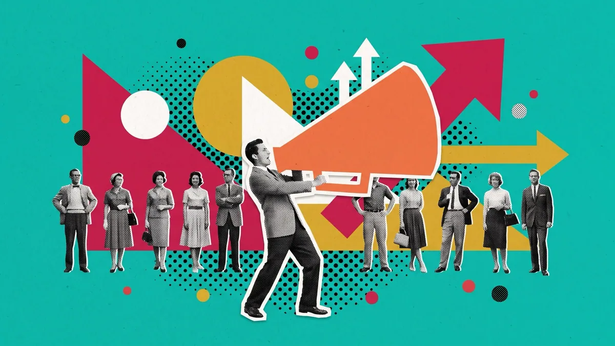 A halftone crowd of small figures with one stepping forward carrying an oversized megaphone, on a saturated teal ground