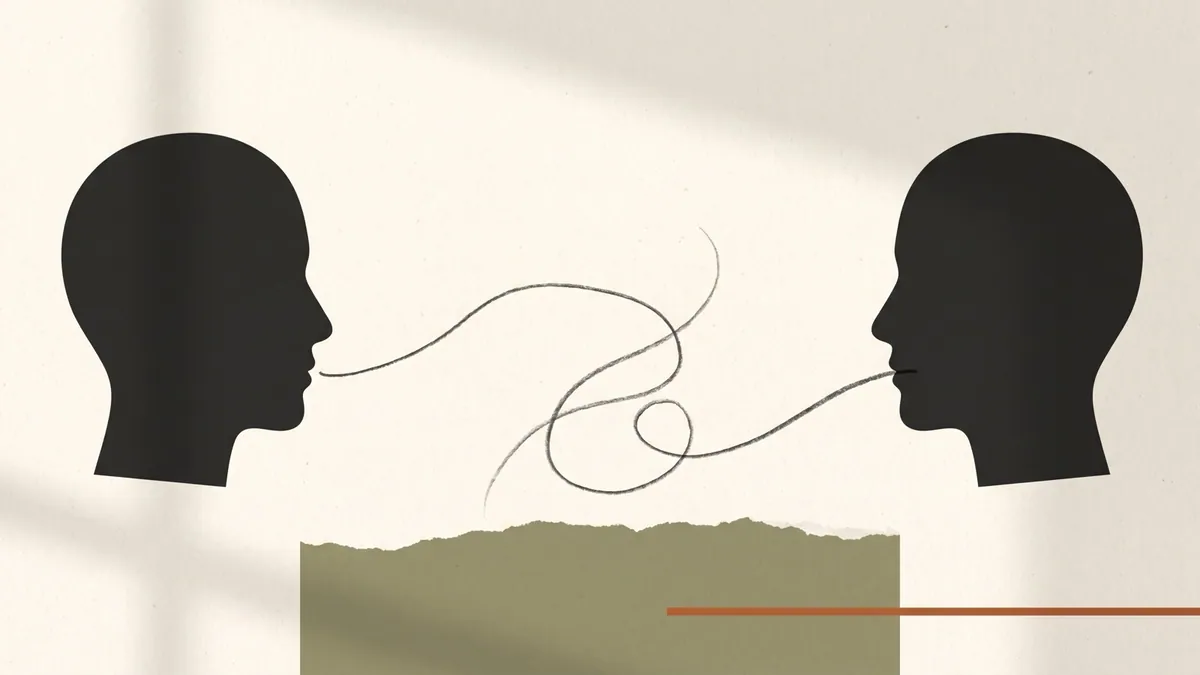 Two silhouetted heads in profile facing each other with a single hand-drawn line passing between them and looping back