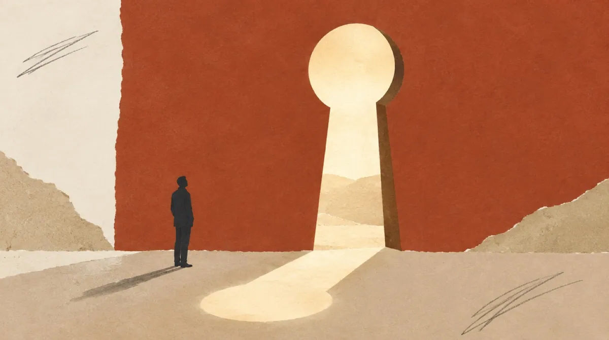 A tall keyhole-shaped opening cut through a terracotta wall, light pouring through it, one small figure looking on