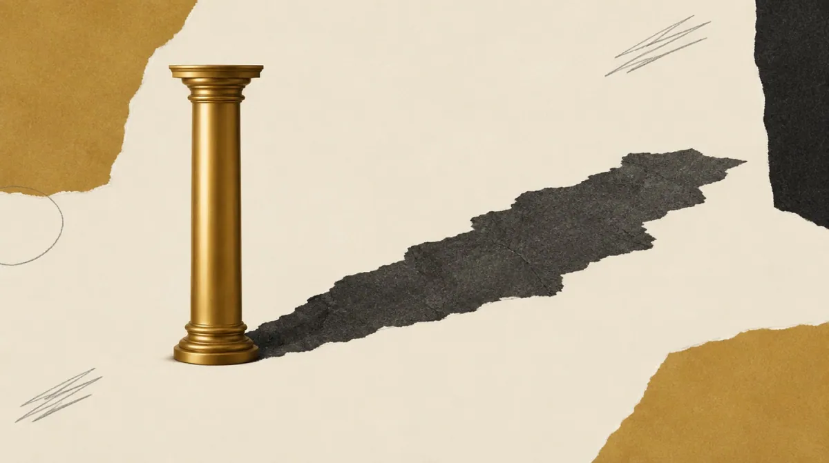 A polished trophy-like shape casting a shadow far larger and rougher than itself