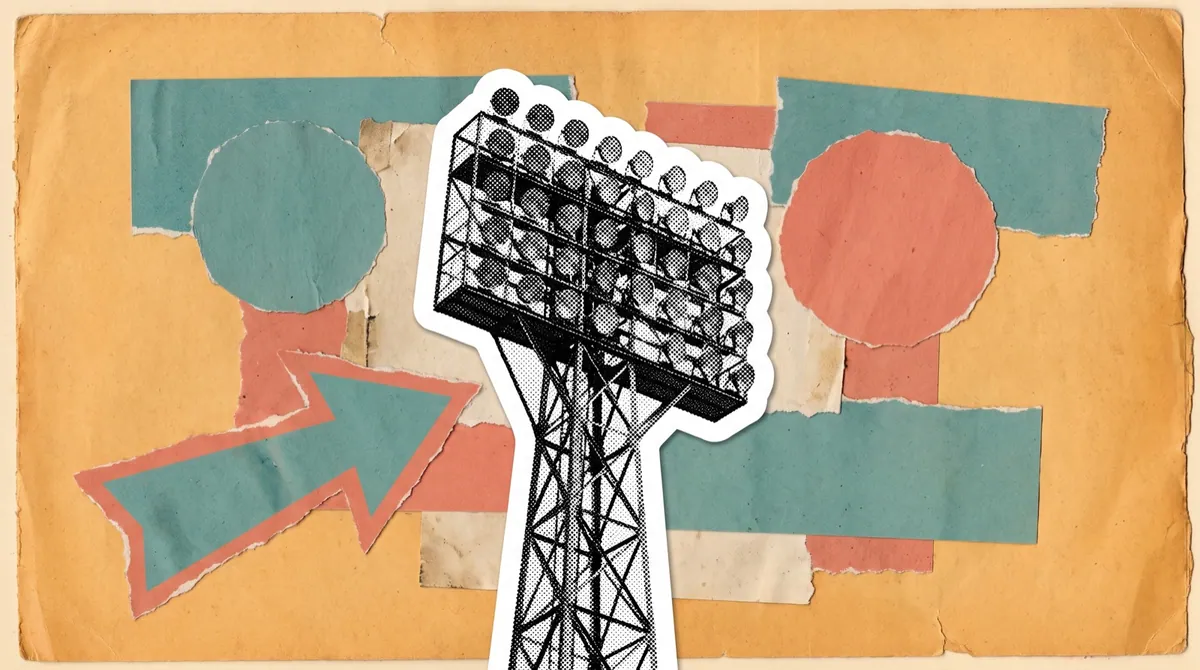 A halftone photographic cutout of a stadium floodlight with a thick white sticker border on an amber ground