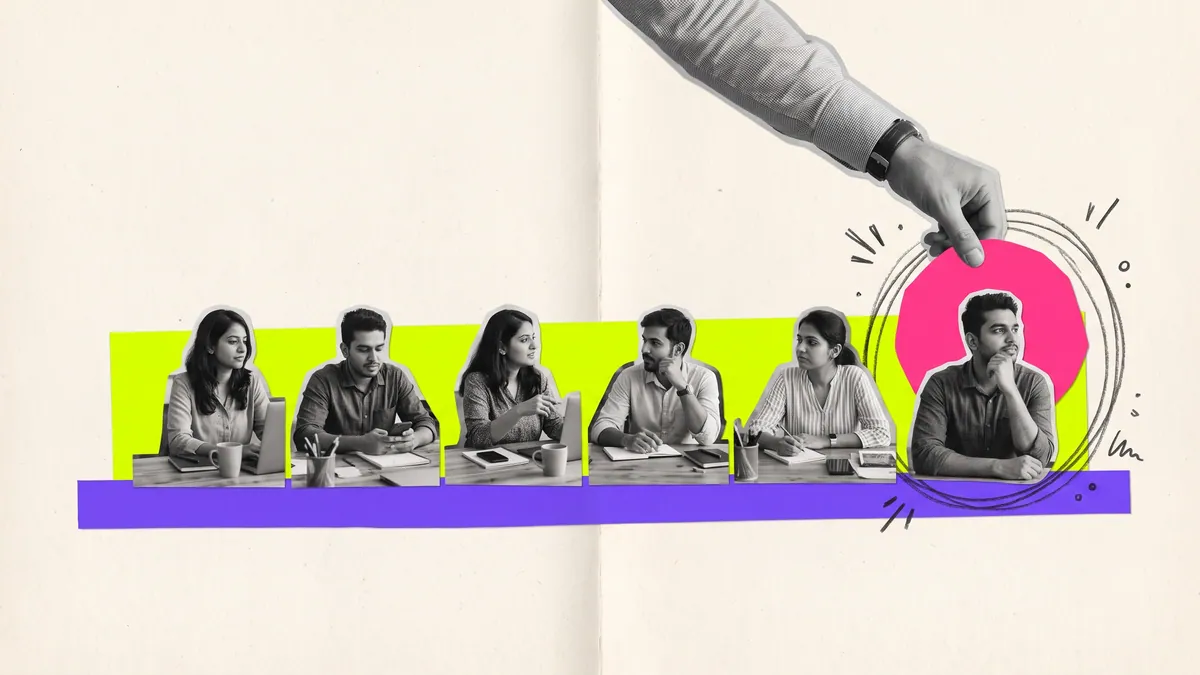 Paper collage of a young agency team at their desks, with a manager's hand placing a pink spotlight behind one team member