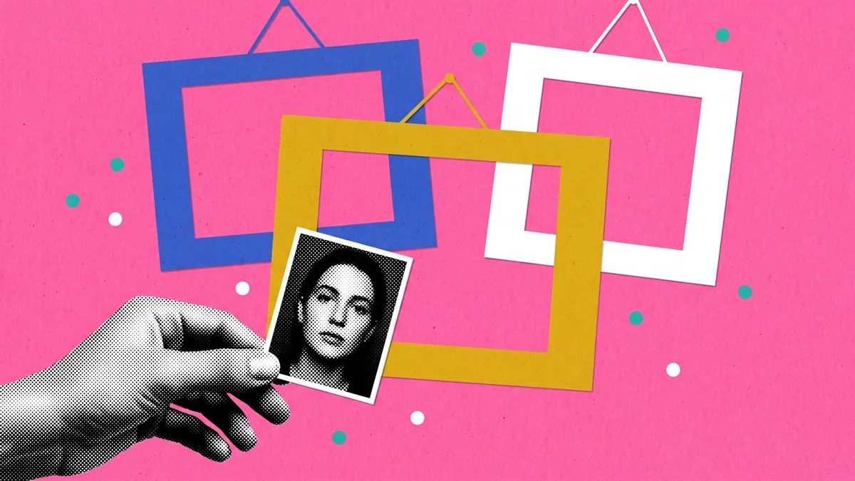 A halftone hand holding one small photograph while much larger empty frames hang behind it, on a saturated hot pink ground
