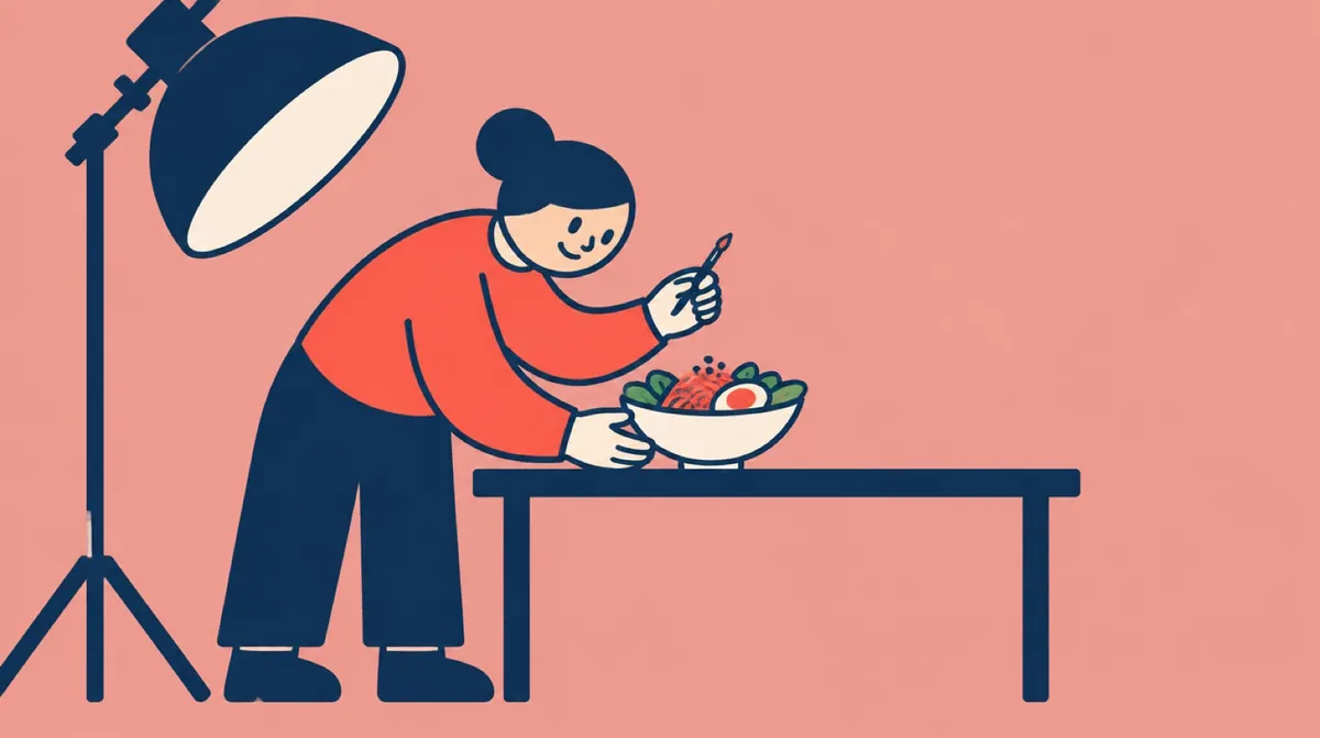 A flat vector character arranging a single perfect bowl under a large studio light