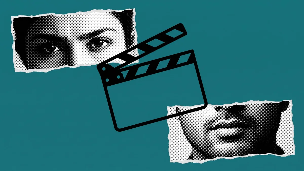 Torn fragments of two faces flank a clapperboard on a diagonal across a flat teal ground