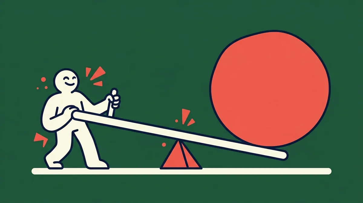 A small character using a long lever to lift a boulder much larger than themselves