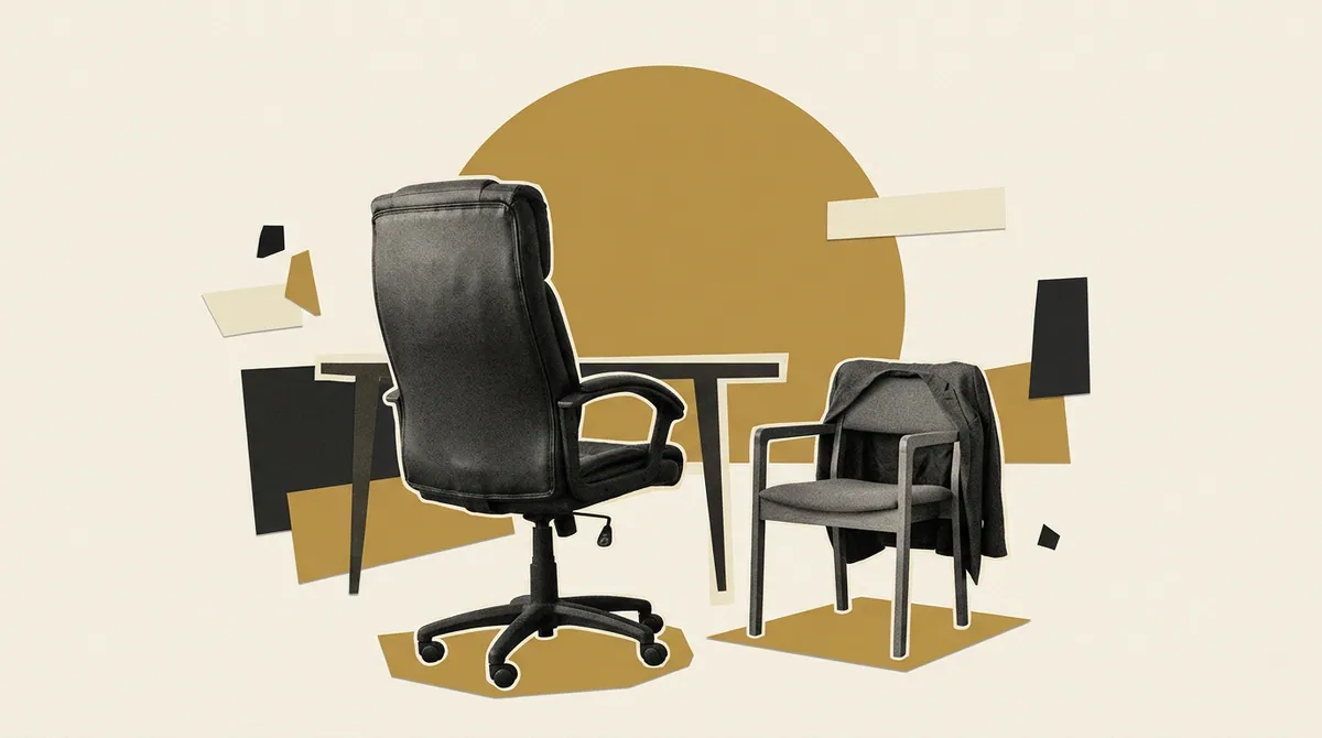 An office chair at the head of a long table, turned away and empty, while a smaller chair nearby faces forward