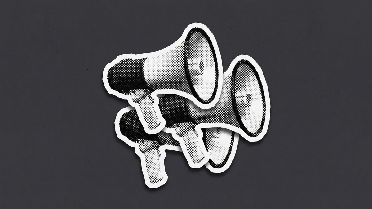 Halftone collage of three megaphones stacked and overlapping, for brands built without advertising
