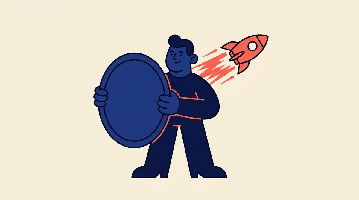 A character calmly holding a solid shield while a small rocket zooms past in the background