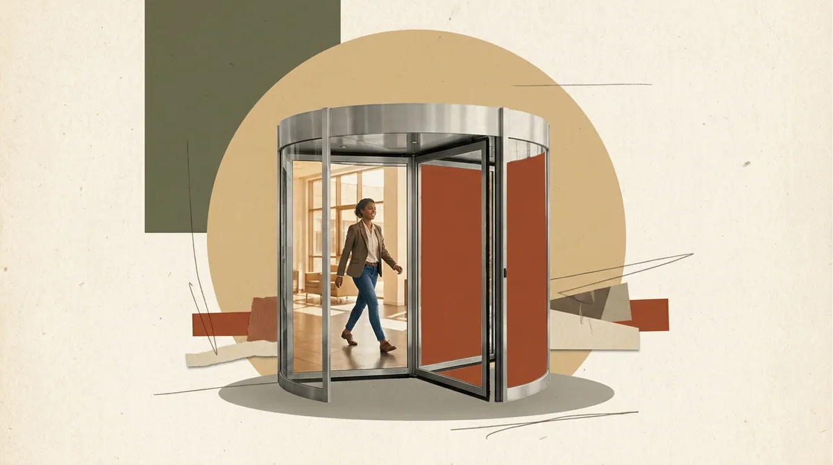 A revolving door mid-spin, one panel photographic colour, the rest flat solid silhouette