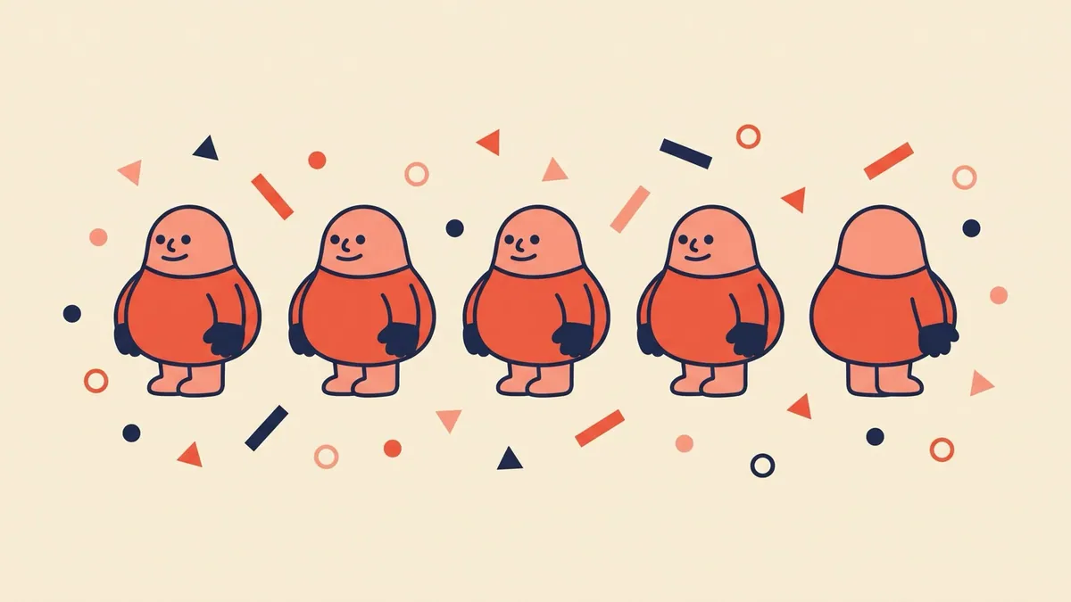 A flat vector row of nearly identical characters, with one at the end facing the other way
