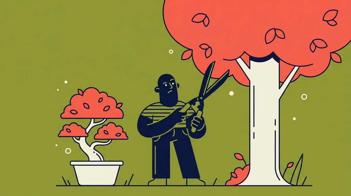 A character with garden shears standing between a small bonsai and a towering tree