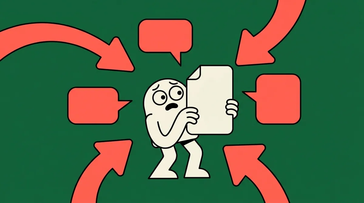 A character in the middle of several conflicting arrows and speech-bubble shapes pointing at a design page