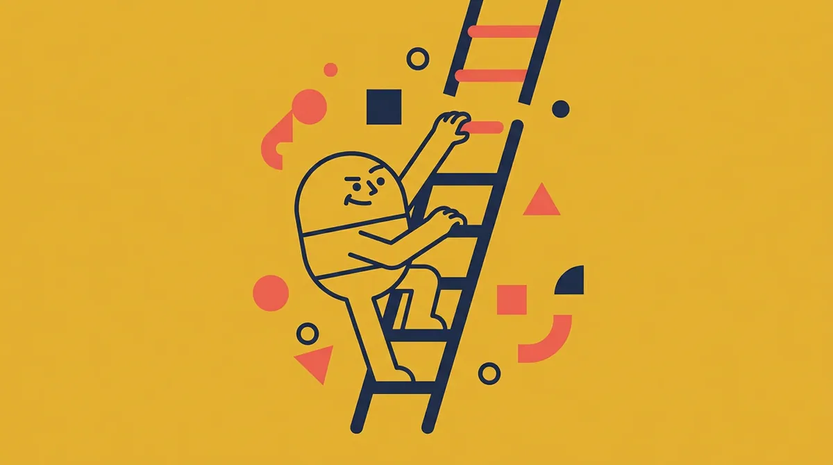 A small character climbing a ladder that keeps rebuilding itself a few rungs higher as they climb
