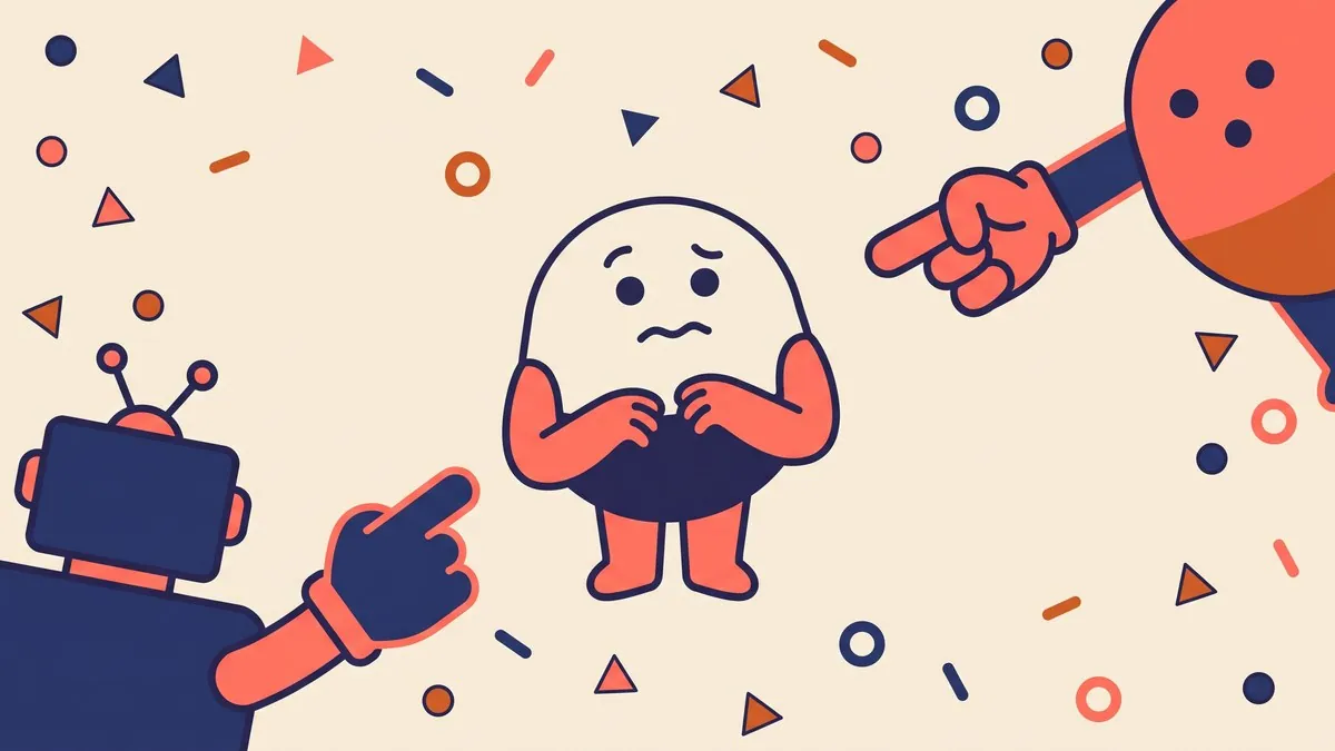 A flat vector character standing between a robot arm and a human arm, both pointing at them from opposite sides