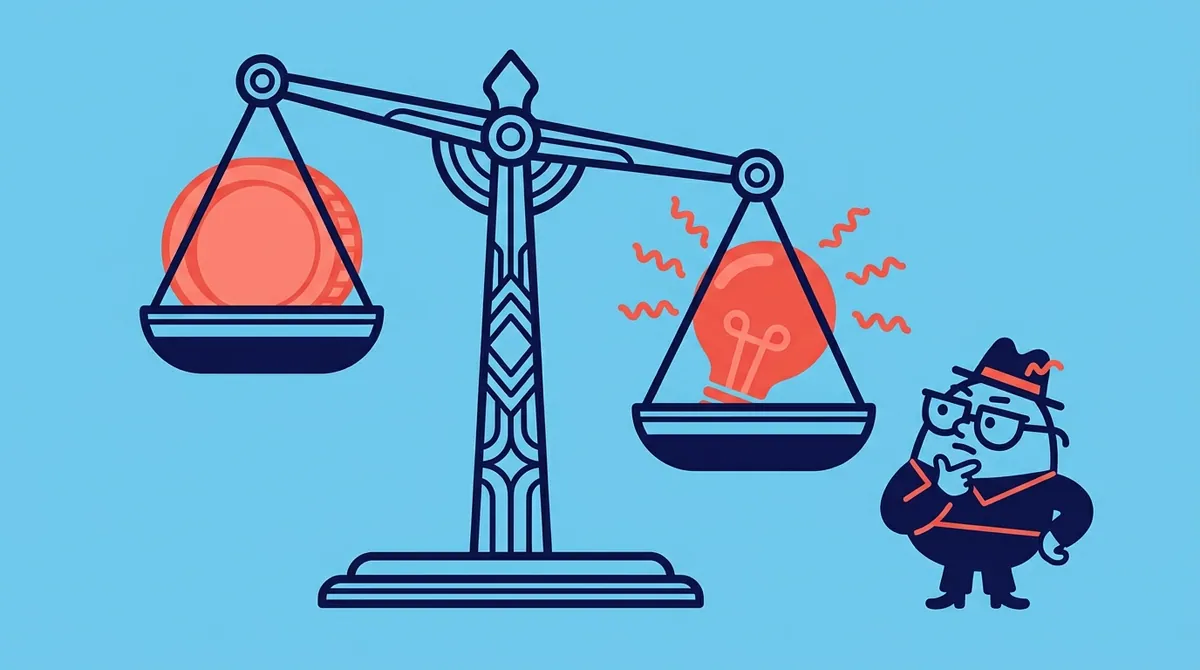 A balance scale weighing a coin against a glowing lightbulb