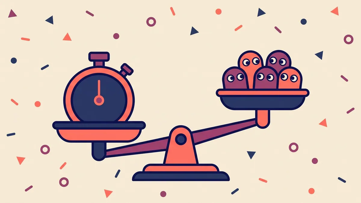 A flat vector balance scale with a large stopwatch outweighing a cluster of five tiny characters
