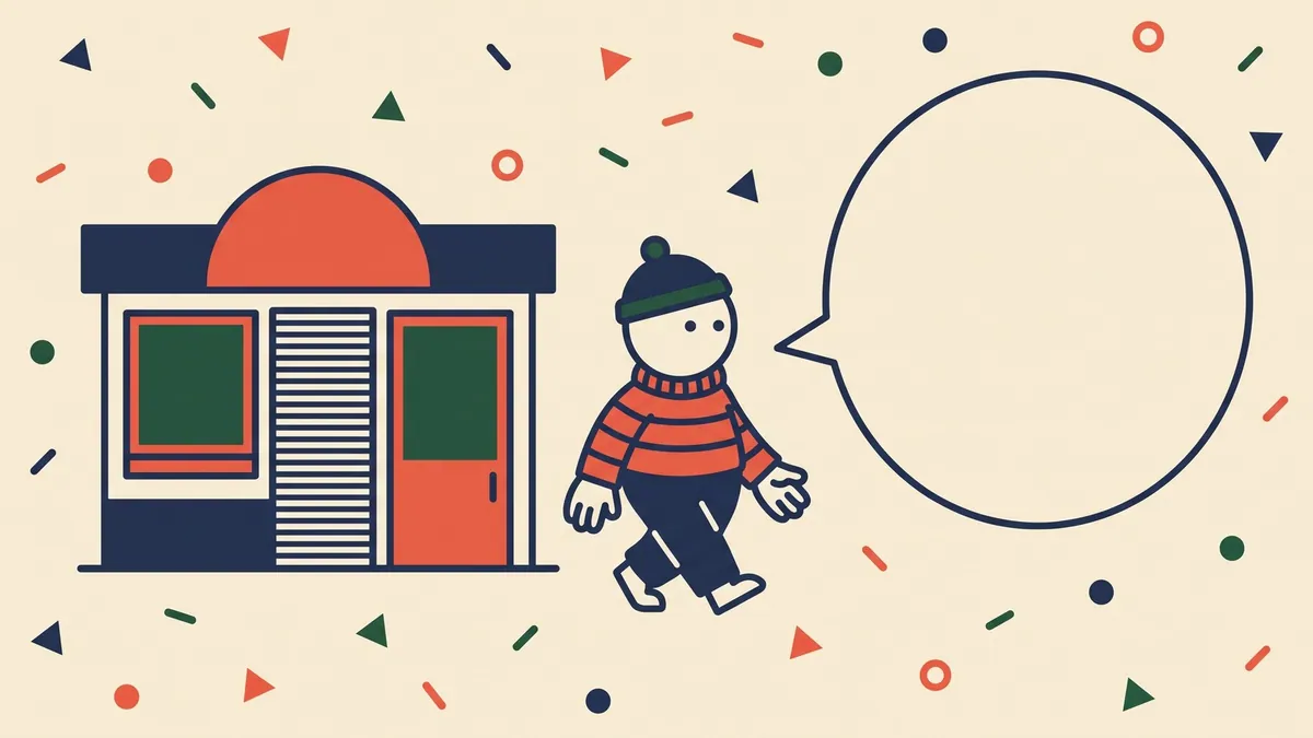 A flat vector character walking past a shuttered shopfront towards a large empty speech bubble