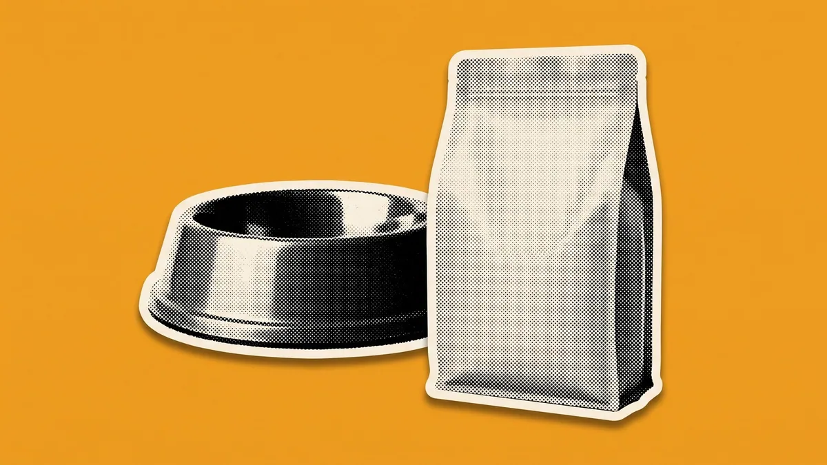 A halftone paper cutout of a dog bowl and a bag of kibble on a flat coloured background