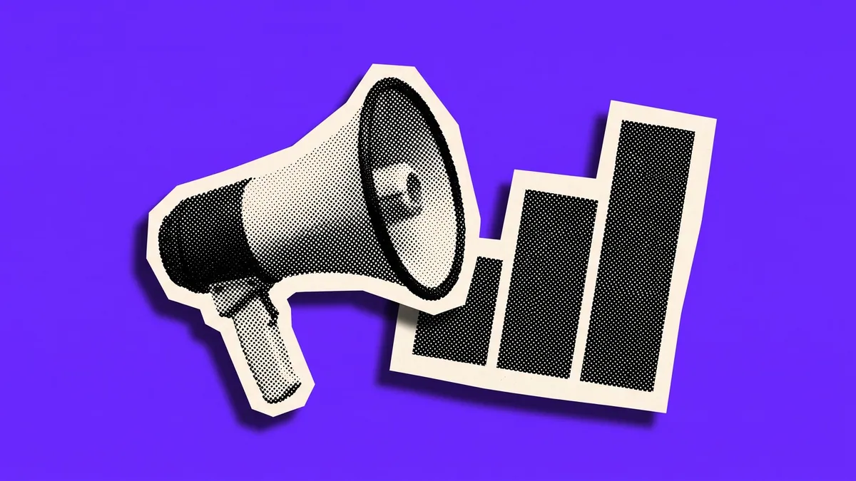 A halftone paper cutout of a megaphone and a three-bar ascending chart, on a flat electric violet background