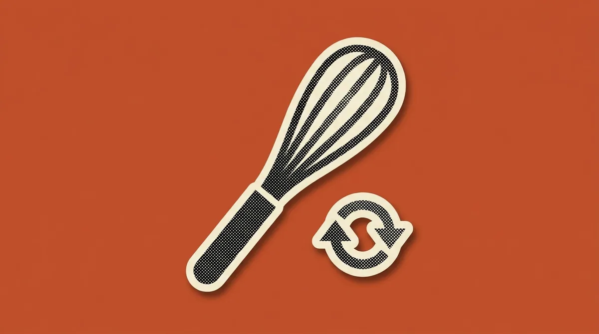 A kitchen whisk beside a data-flow arrow icon