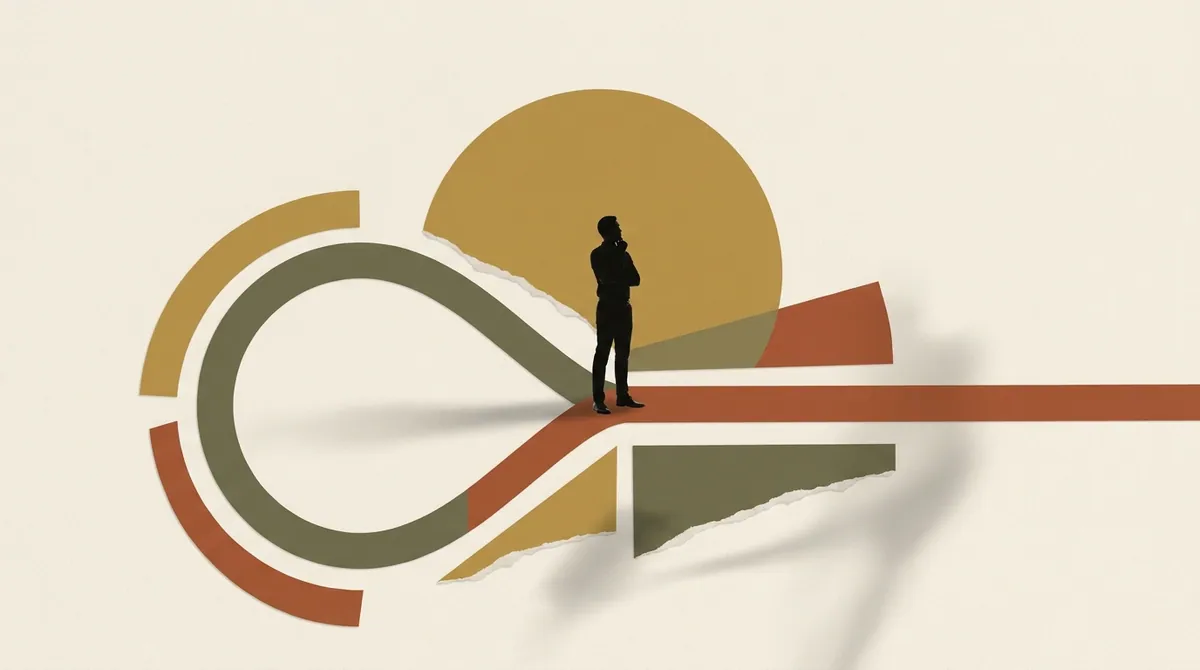 A single figure standing at a fork where one path loops back on itself and the other continues forward