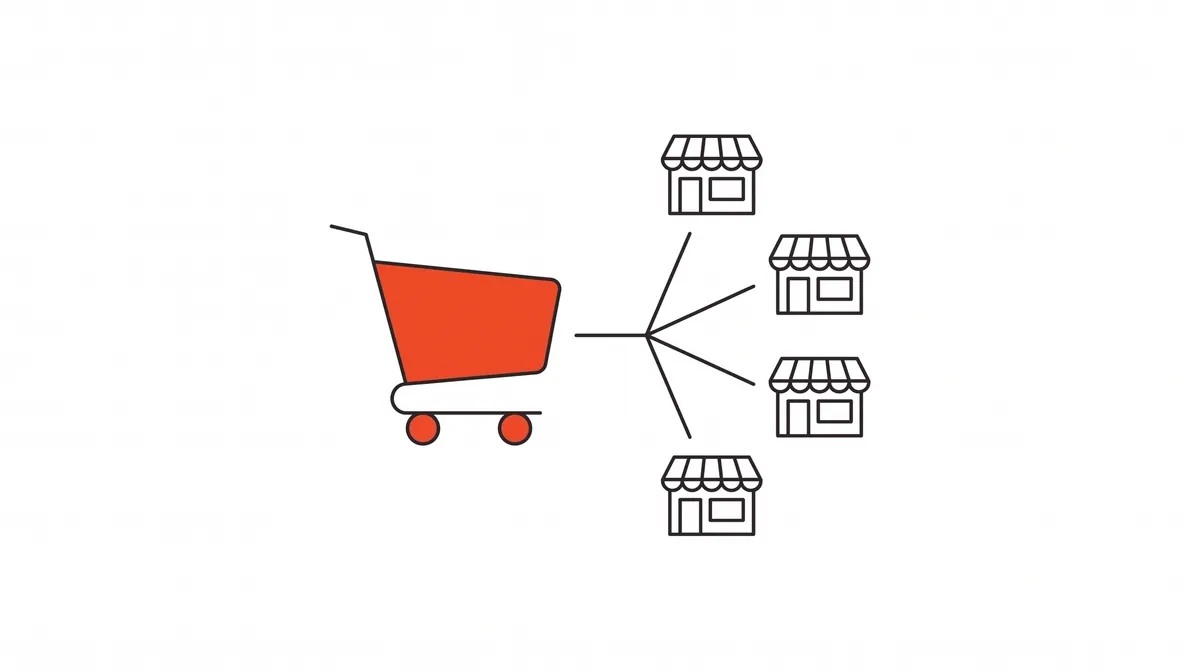 Line-art illustration of a trolley linked to marketplace tiles marking the WPP Media and Kily partnership