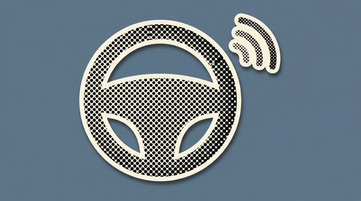 A steering-wheel icon beside a signal-wave arc, arranged as a paper cutout