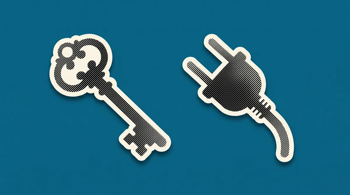 A halftone paper cutout of a key and a plug connector on a flat coloured background