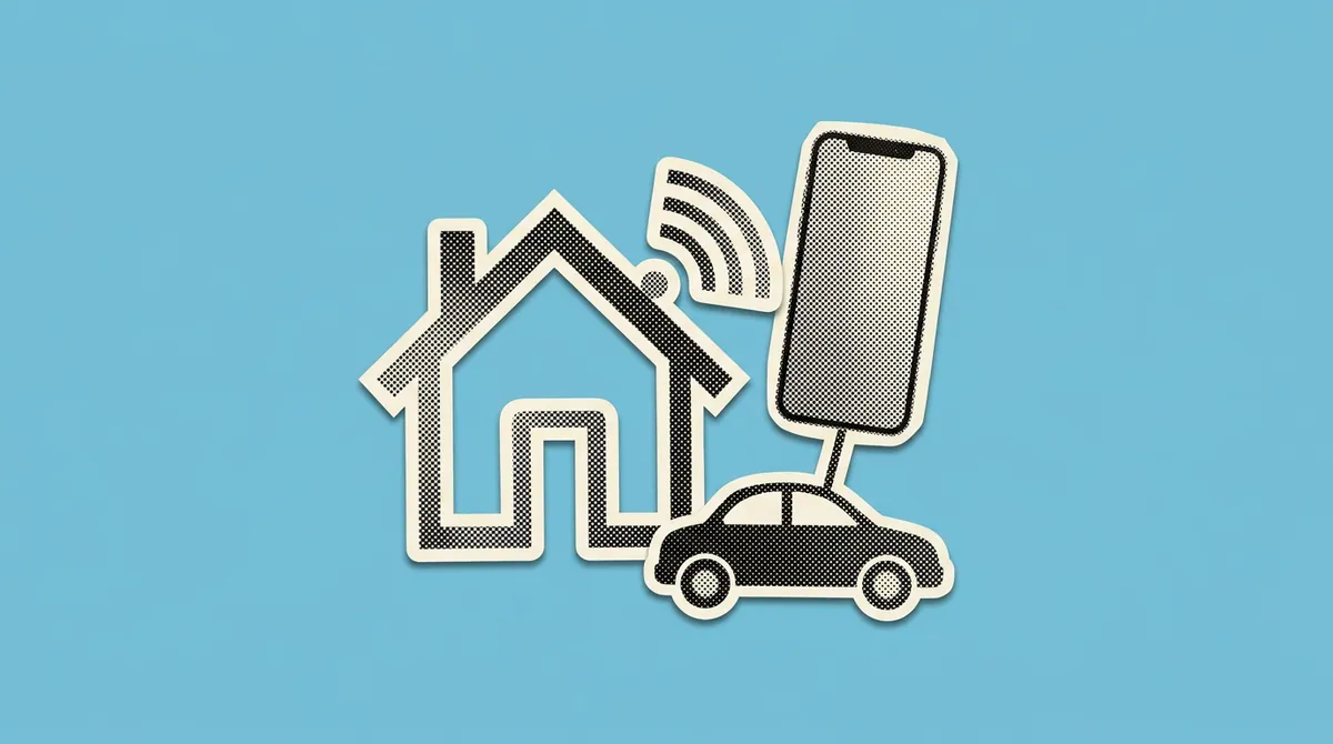 A house outline connected by signal lines to a phone and a car shape