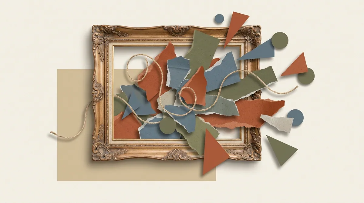 An ornate empty picture frame with a colourful burst of collage shapes spilling out around it