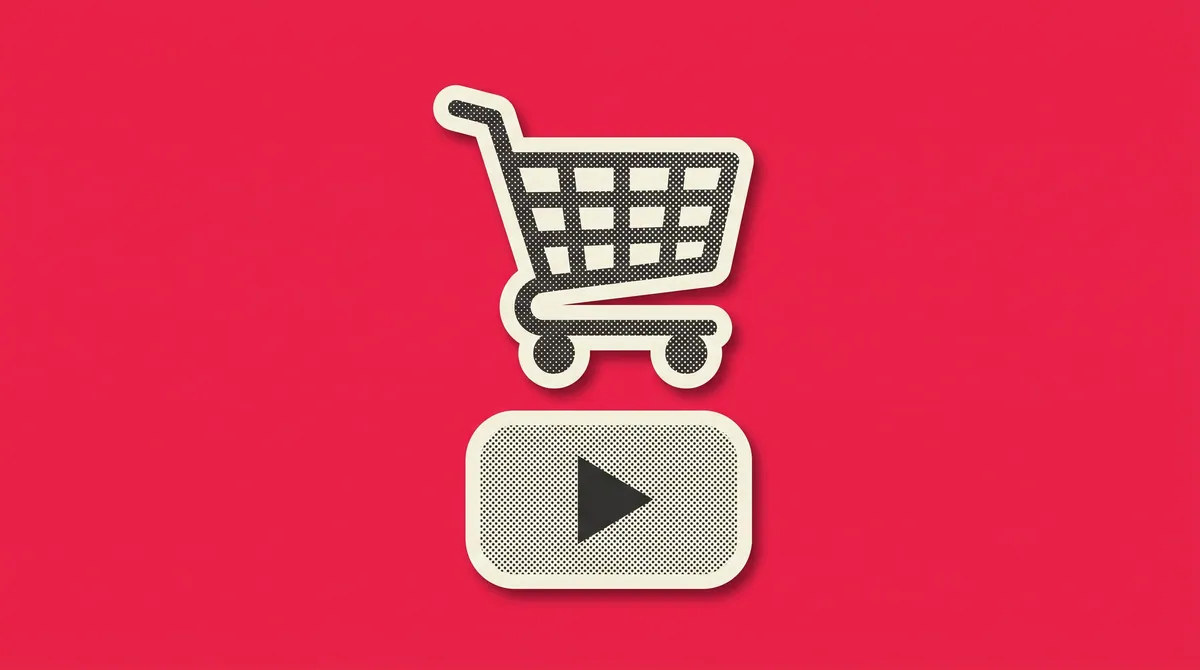 A halftone paper cutout of a shopping cart and a play button on a flat coloured background