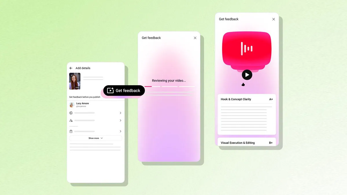 Three screens of YouTube’s Get feedback tool: the prompt before publishing, the review in progress, and the graded result